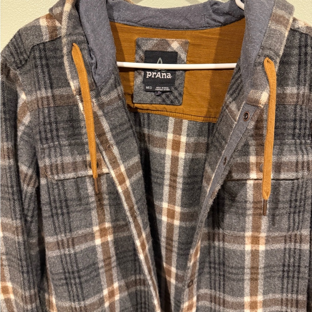 PrAna Medium Gray and Brown Plaid Hoodie
